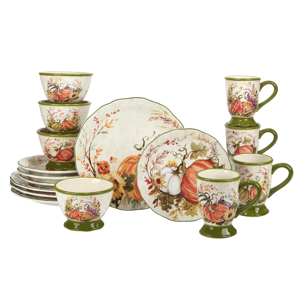 Harvest Morning 16-Piece Ceramic Dinnerware Set, Service for 4 - Celebrate autumn with vibrant pumpkins and florals