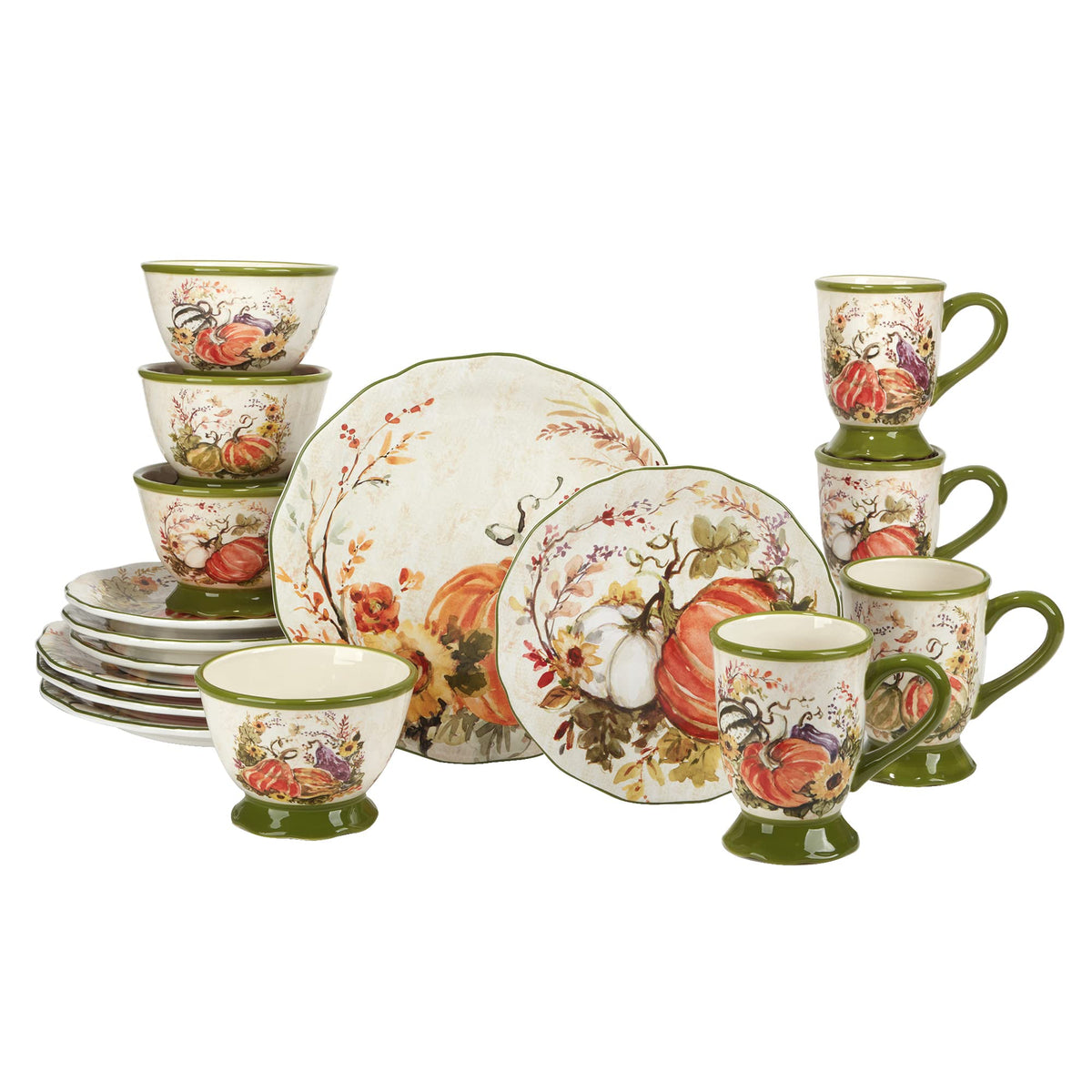 Harvest Morning 16-Piece Ceramic Dinnerware Set, Service for 4 - Celebrate autumn with vibrant pumpkins and florals