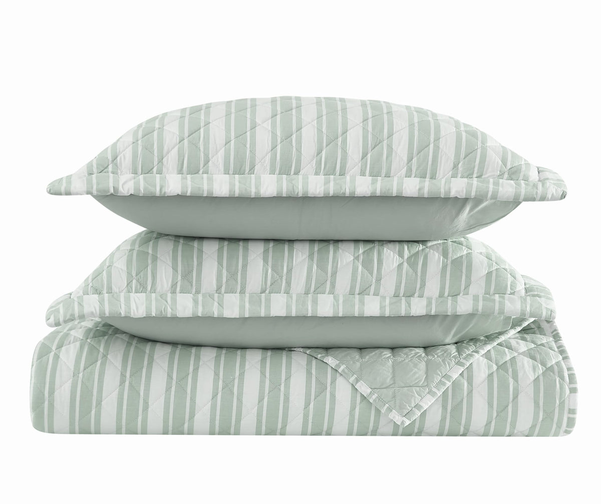 Wide Ticking Stripe Green 3 Piece Quilt Set
