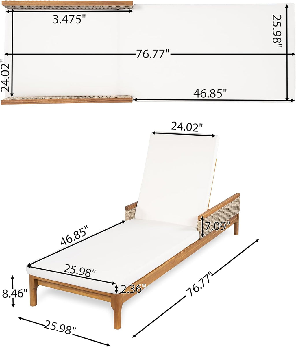 Outdoor Acacia Wood Chaise Lounge Chair Set of 2, Wooden Sunbathing Pool Lounger with Woven Rattan Accents