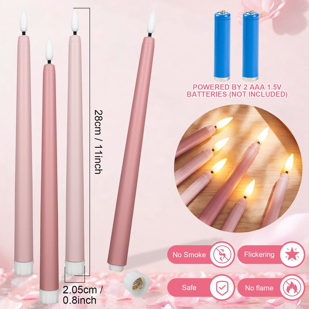 24 Packs Flameless Taper Candles Battery LED 11", Light Pink