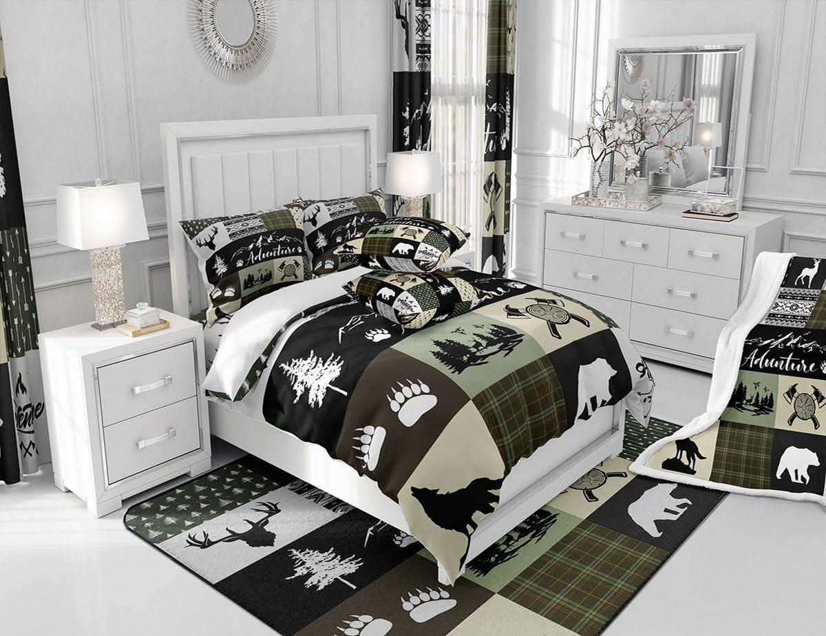 Rustic Farmhouse Comforter Set, Bear Deer Wolf Wild Animals Patchwork Bedding Set All Season Quilt Set, Cabin