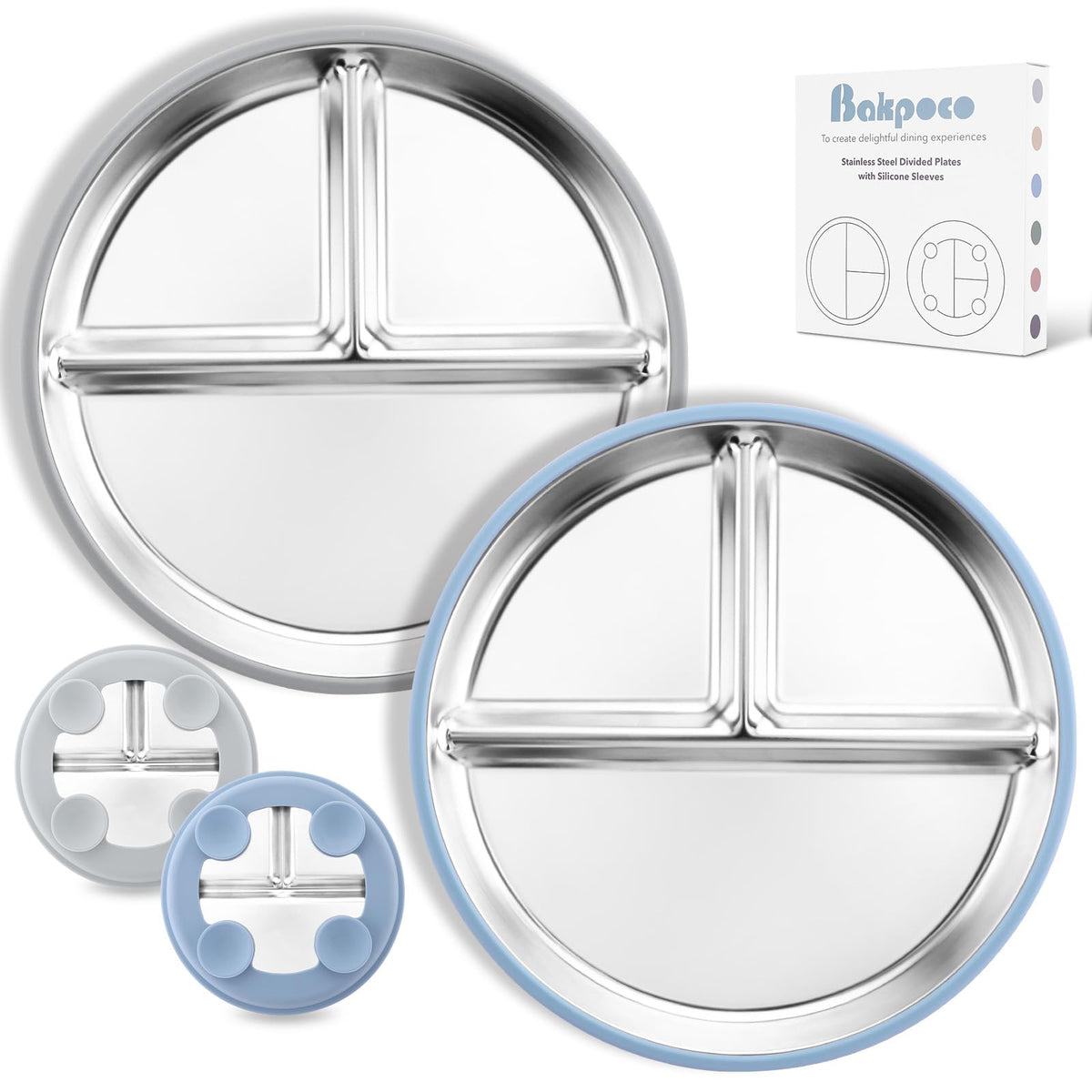 Stainless Steel Toddler Plate with Suction, 9" Divided Plates with Removable Silicone Sleeves for Kids, Non Toxic &