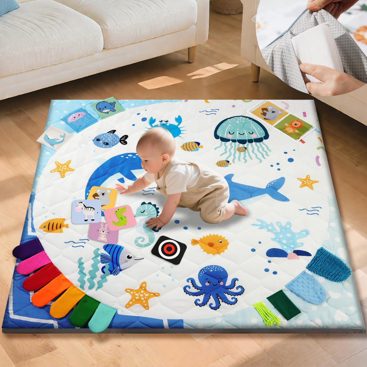 Premium Foam Baby Play Mat 50x50, 4 Developmental Zones Play Mat with Removable & Machine Washable Cover, Extra Thick
