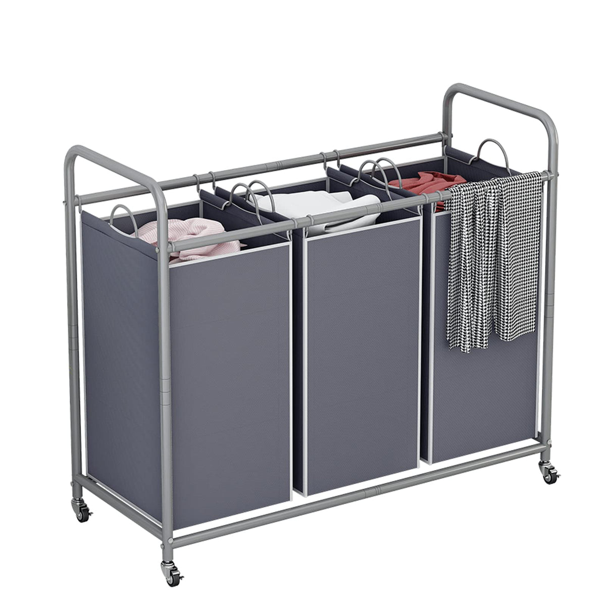 3 Section Laundry Hamper Sorter, Grey Laundry Basket with Wheels