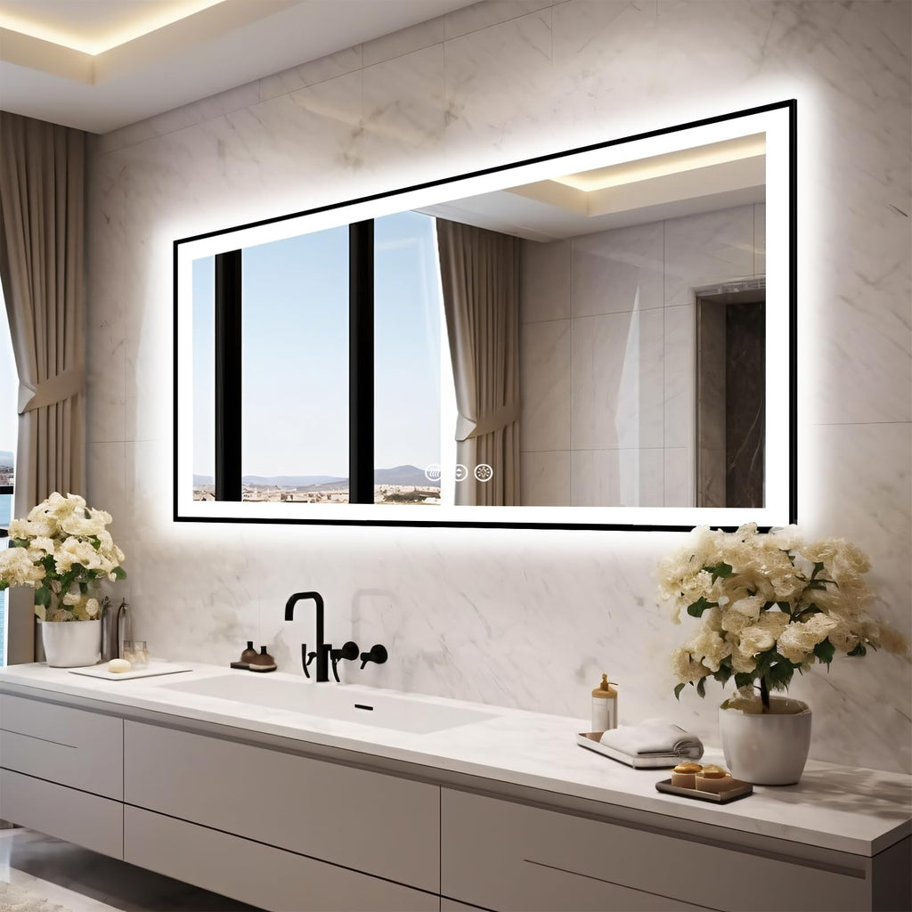 72x32 LED Bathroom Vanity Mirror - Black Aluminum Framed