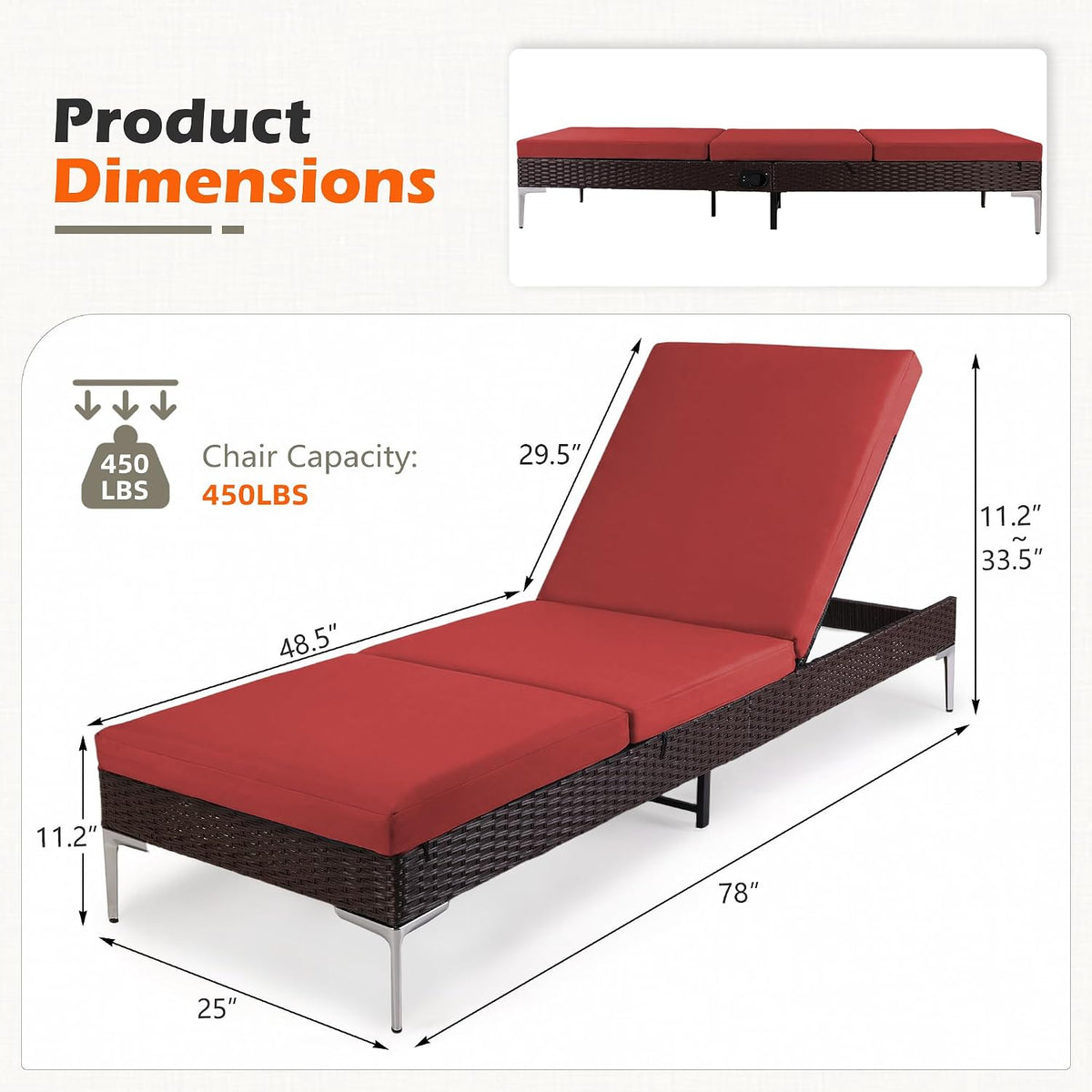 Outdoor Chaise Lounge Chair Set of 2, Patio Wicker Lounge Chairs with Adjustable Backrest