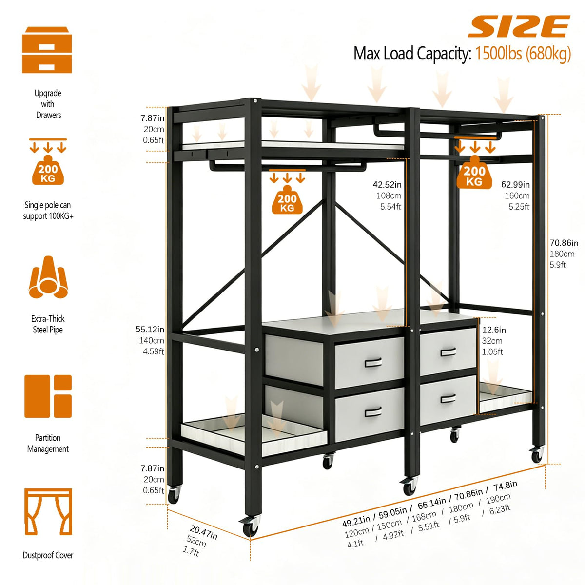 Portable Closet with Drawers Heavy Duty with Cover, KT-Black L:70.9in/180cm