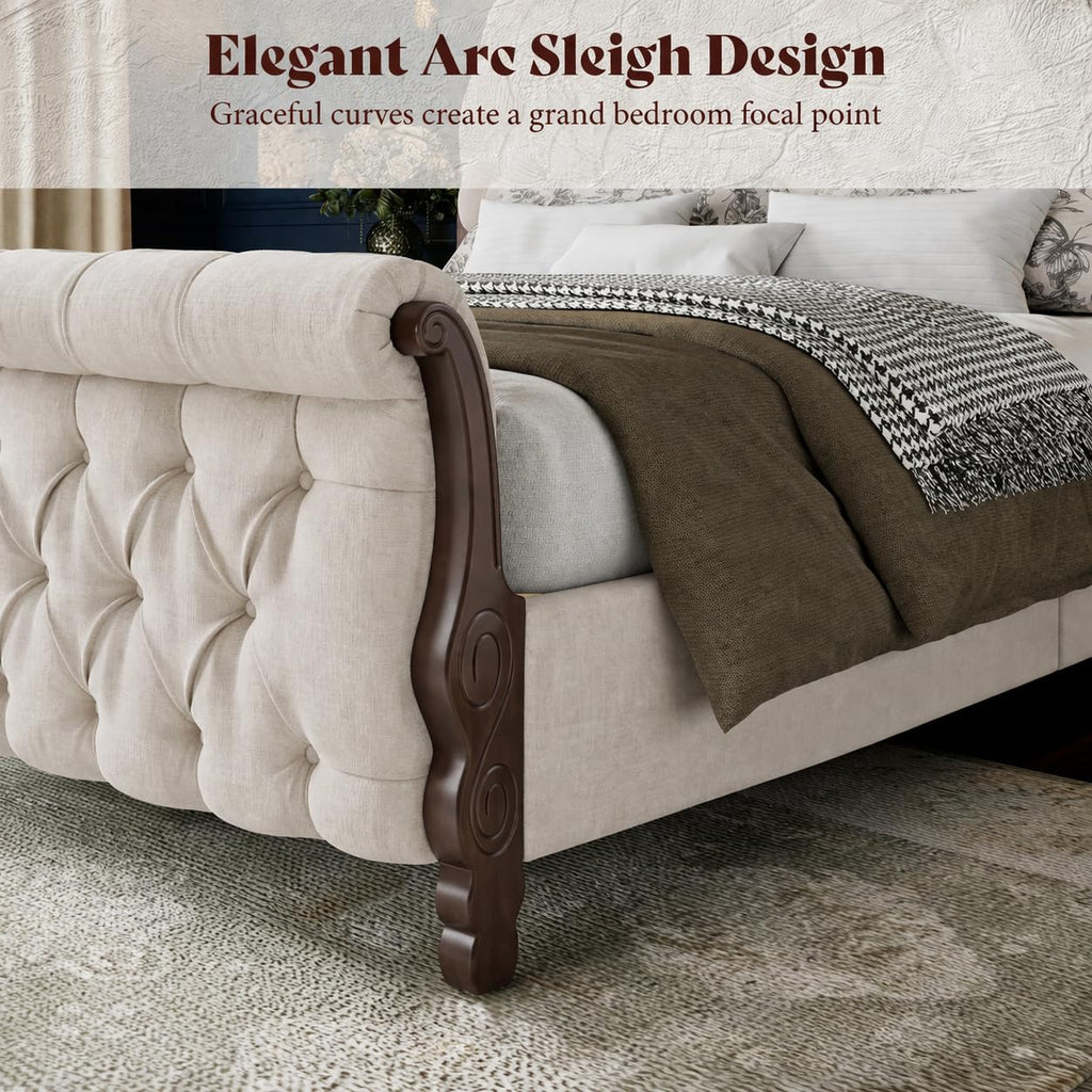 Sleigh Bed Frame, Upholstered Tufted Headboard, Cream