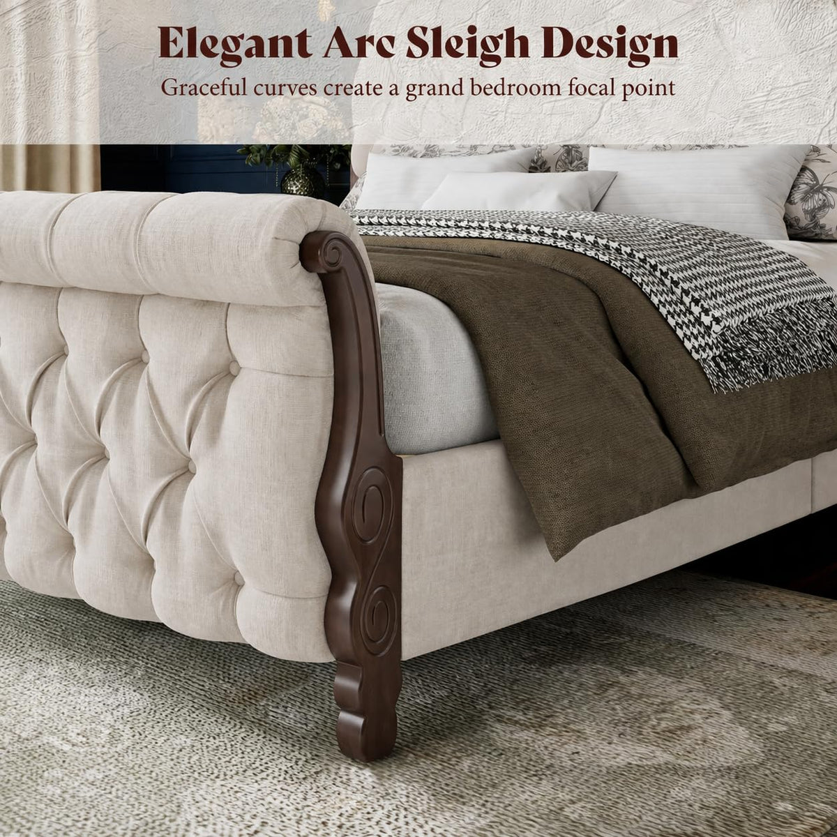 Sleigh Bed Frame, Upholstered Tufted Headboard, Cream