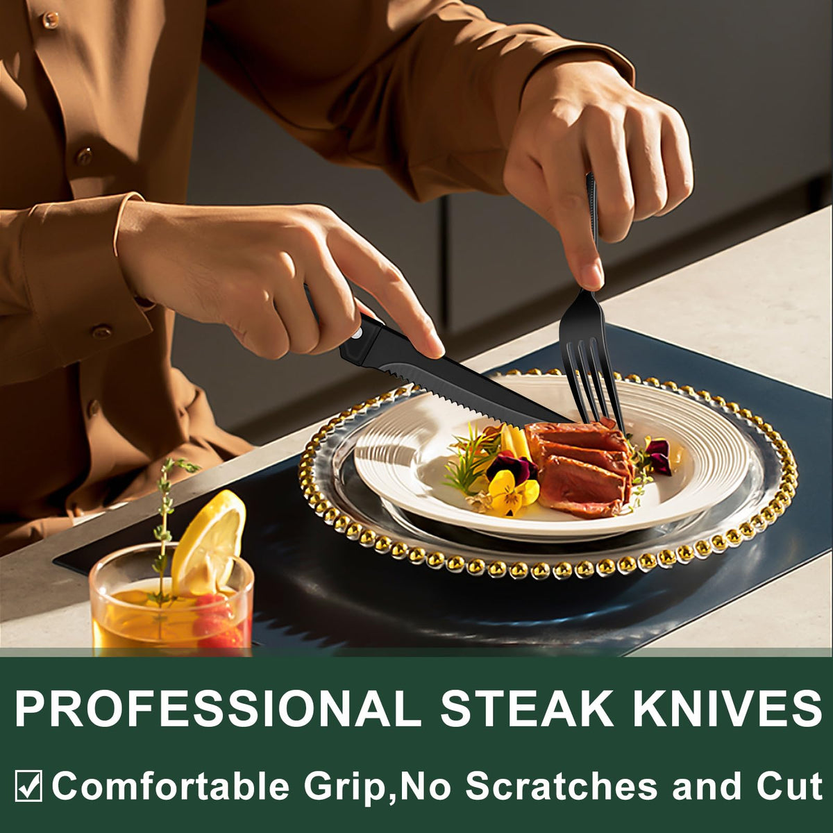 24-Piece Black Silverware Set with Steak Knives, Black Flatware Set for 4, Food-Grade Stainless Steel Tableware