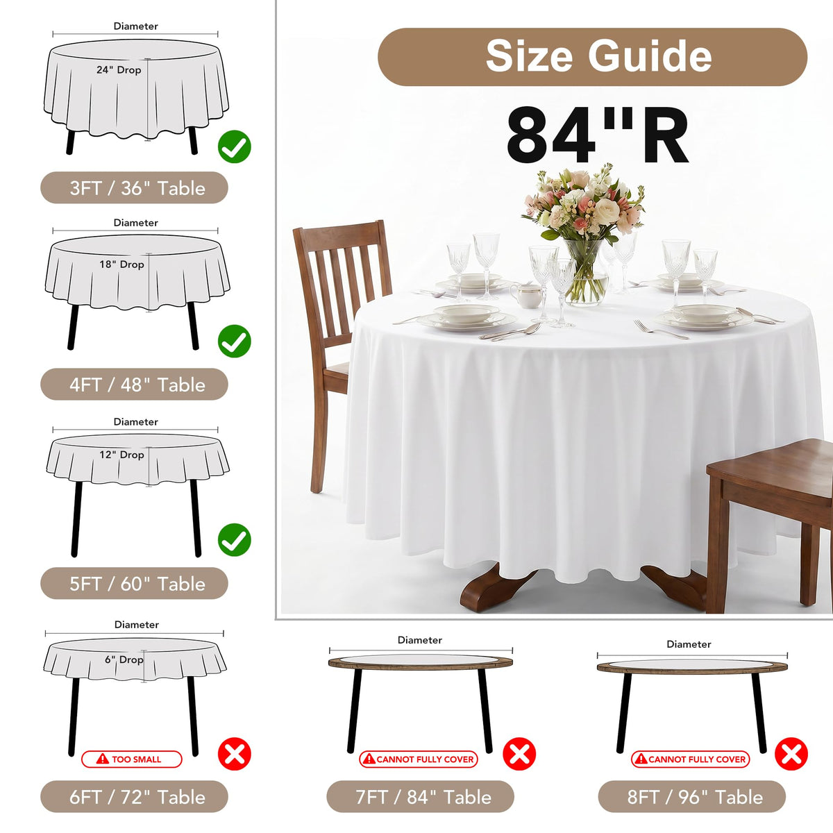 8 Pack Ivory Round Tablecloths 84 Inch for 36"-60" Tables