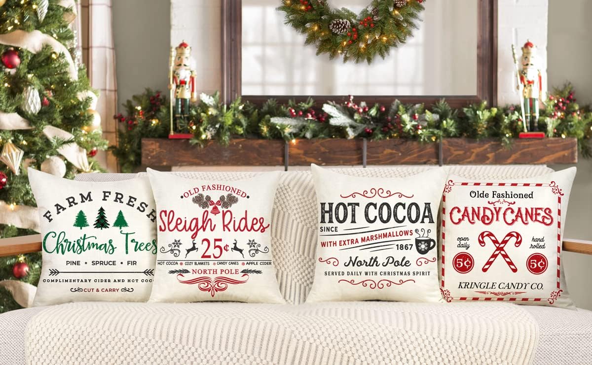 Farmhouse Christmas Pillow Covers 18x18 Winter Holiday Decorations Xmas Rustic Throw Cushion Case for Sofa - Set of 4