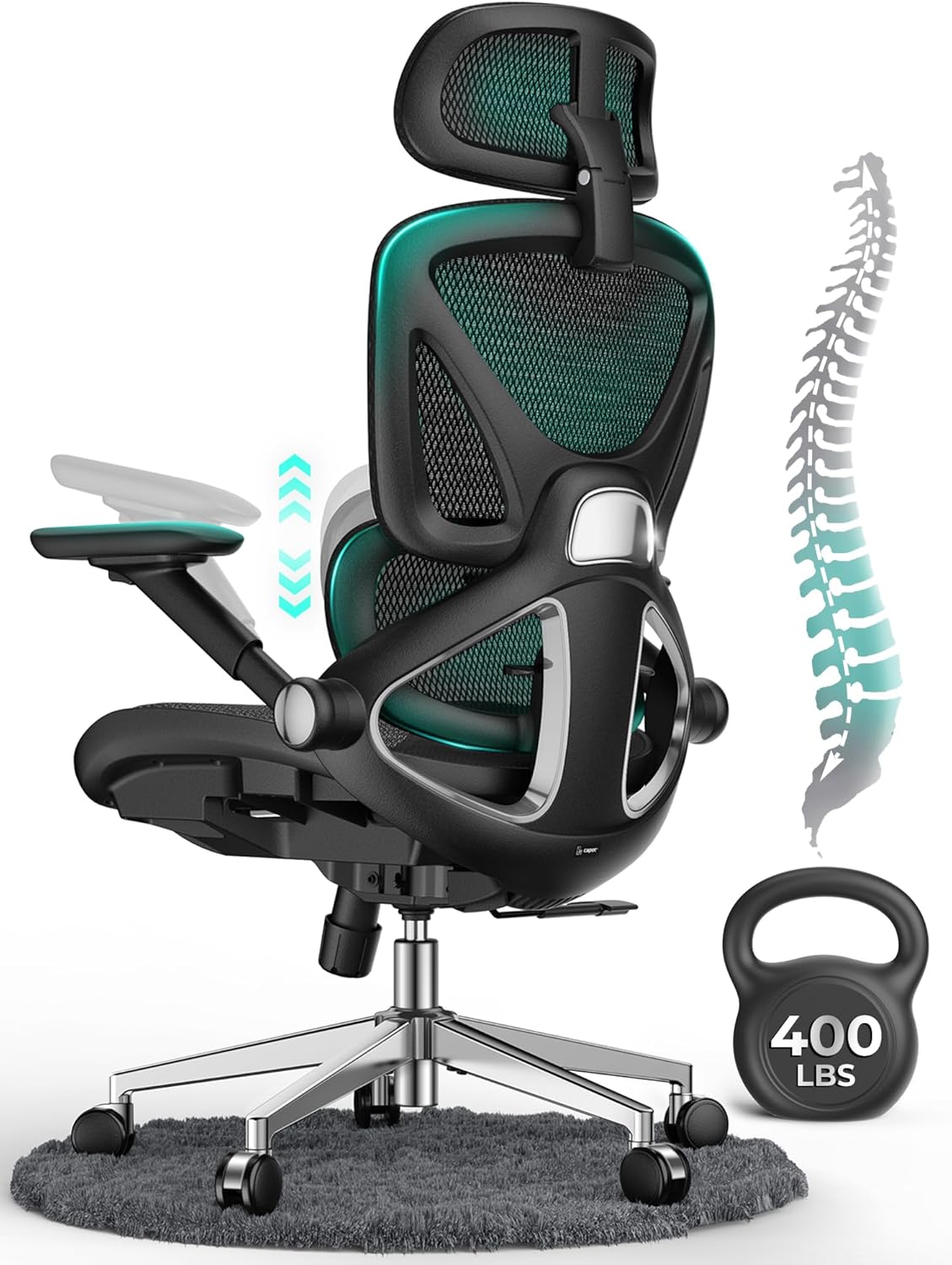 Ergonomic Office Chair 400lbs Mesh Seat, High Back Adjustable Lumbar, 90/110/125°Backrest Lock, Flip-up Armrests, 3D