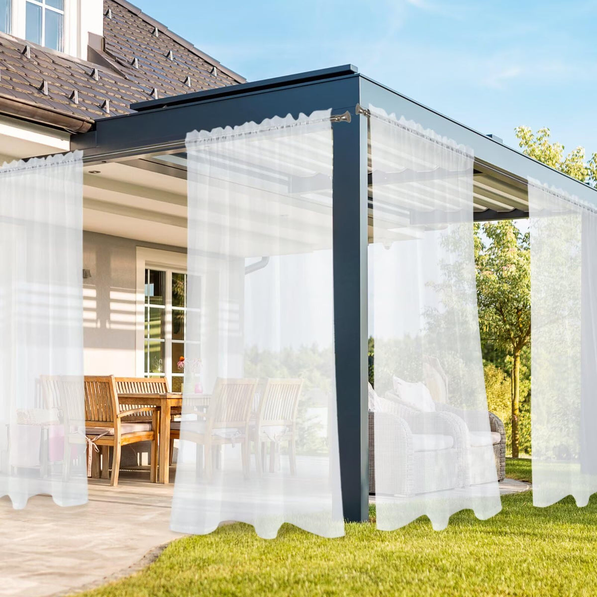 Outdoor Sheer Curtains, 4 Panels Waterproof Rod Pocket Indoor Curtain, Porch, Pergola, Cabana, Gazebo, 52 x 120