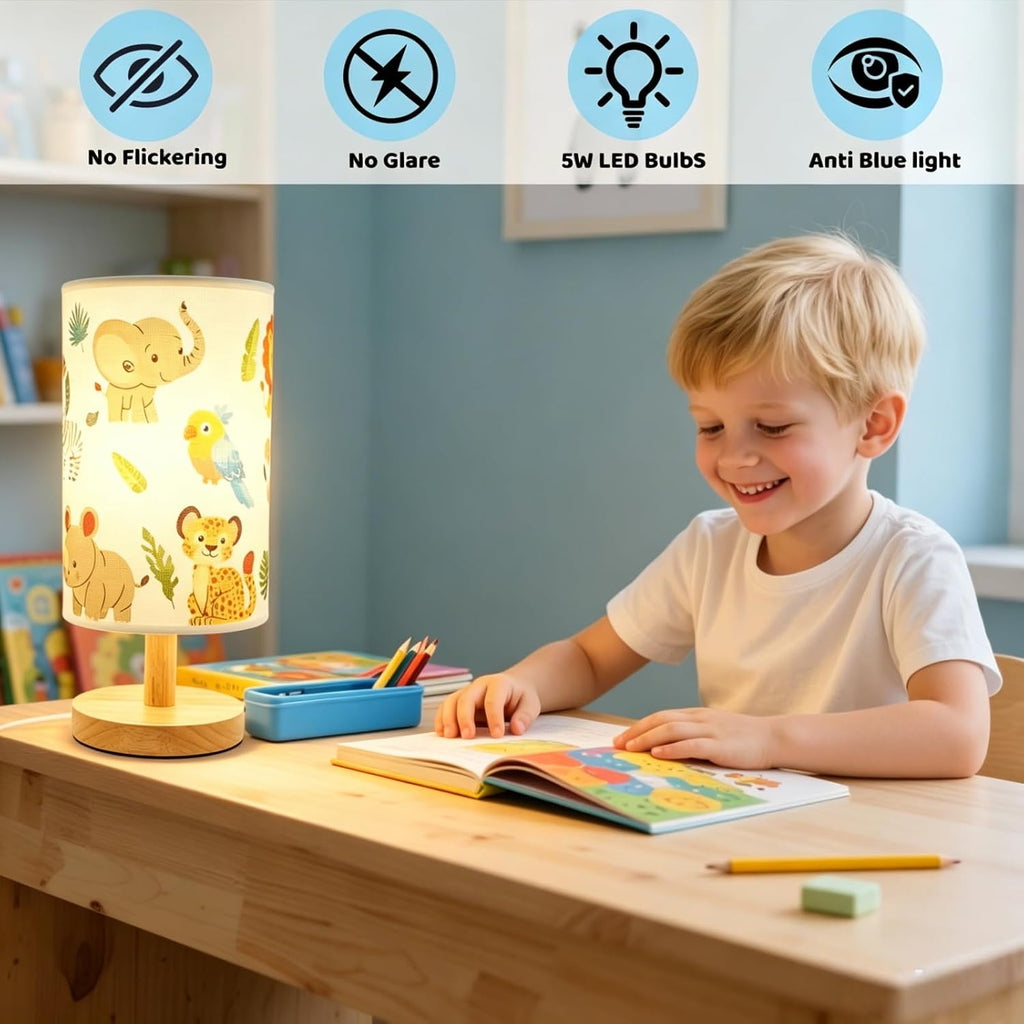 Kids Table Lamp-Night Light for Boys Room, Color LED Desk Lamp with Baby Elephant Zebra Giraffe Tiger Pattern
