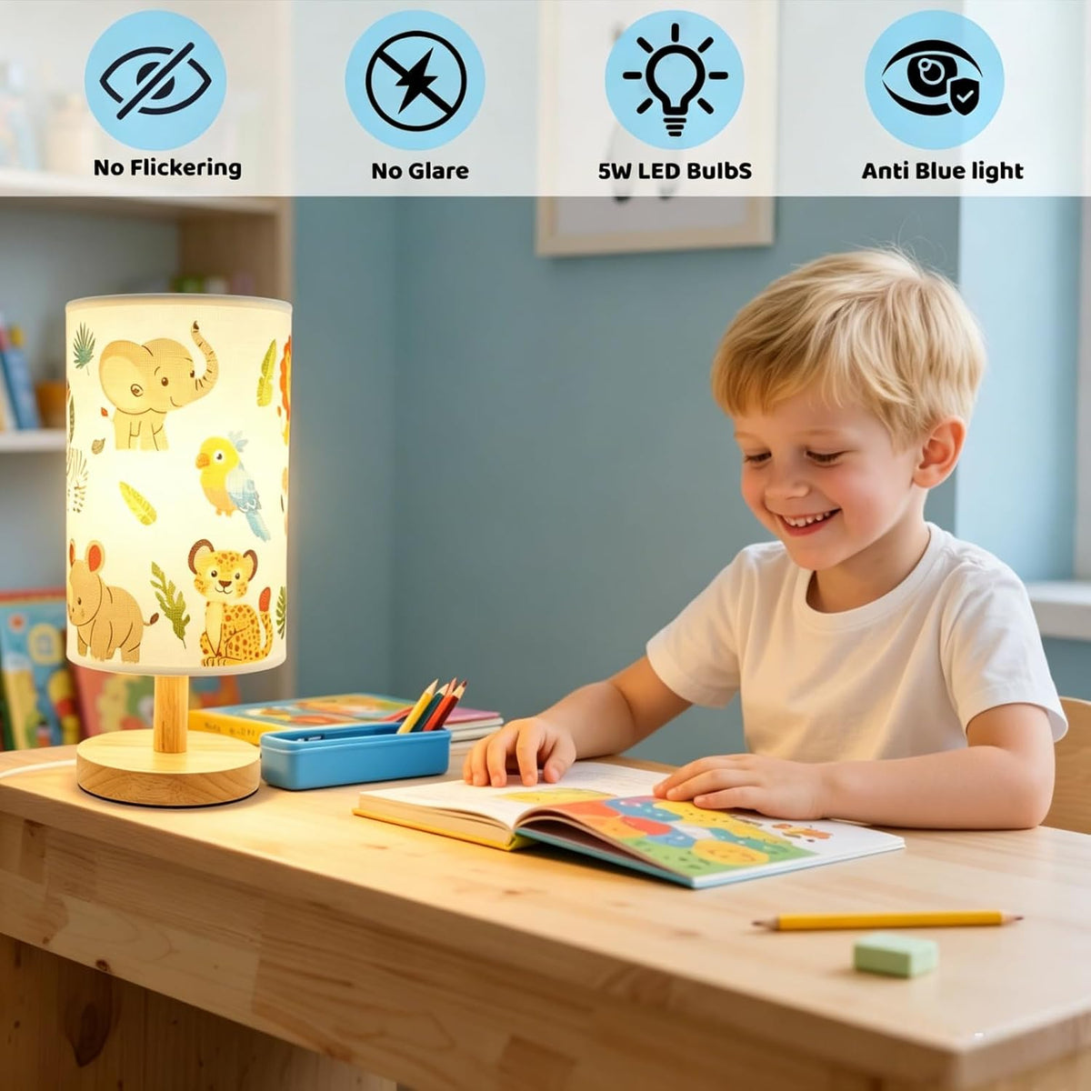 Kids Table Lamp-Night Light for Boys Room, Color LED Desk Lamp with Baby Elephant Zebra Giraffe Tiger Pattern