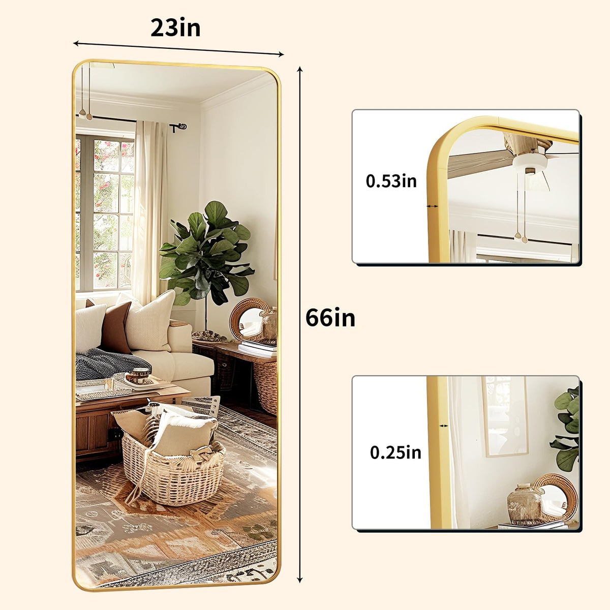 Full Length Mirror 23"x66", Large Floor Mirror with Rectangle Rounded Corners, Gold Aluminum Alloy Frame, Wall Mirror