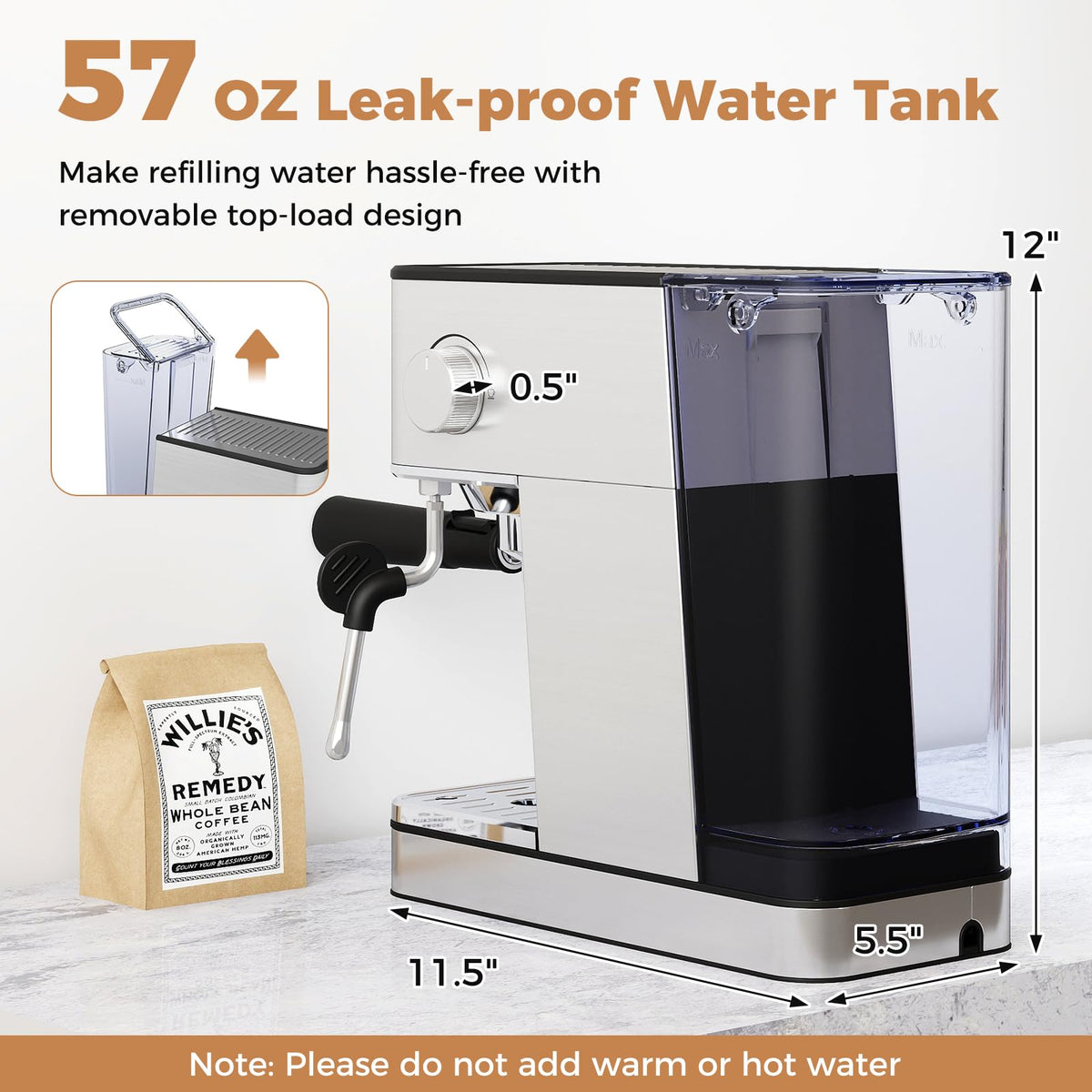 Espresso Machine 20 Bar, Compact Stainless Steel Coffee Maker