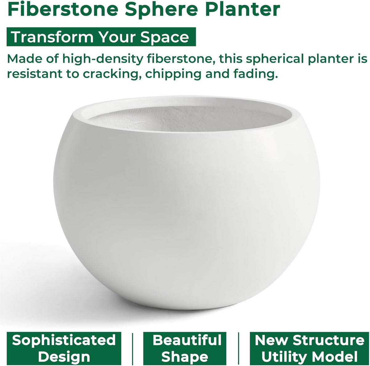 19.3"Dia x 13"H Large Fiberstone Sphere Planter, White Round Pot | 15" Opening, Drainage Hole & Plug, Wheathered