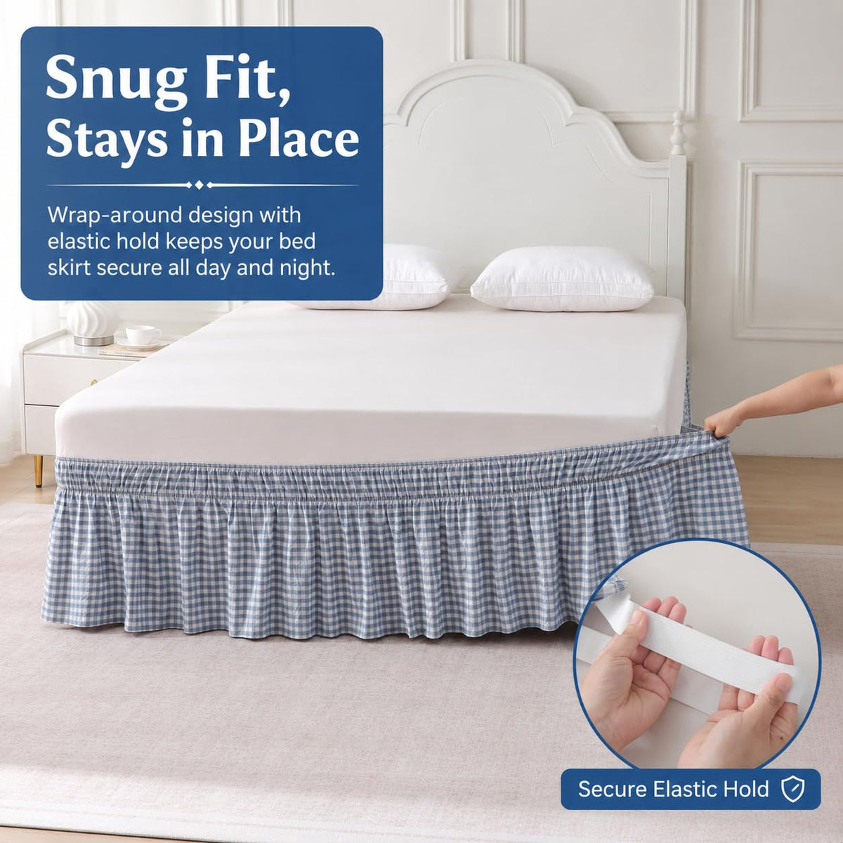 Gingham Bed Skirt 16" Drop, Dusty Blue, 100% Cotton