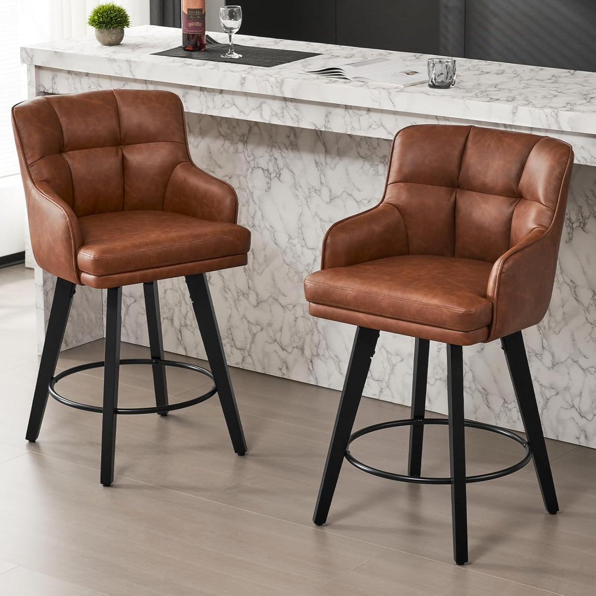 360°Swivel Counter Height Bar Stools with Back, 26 inch Solid Wood Legs, Bar Stool Modern Kitchen Island Chairs, Faux