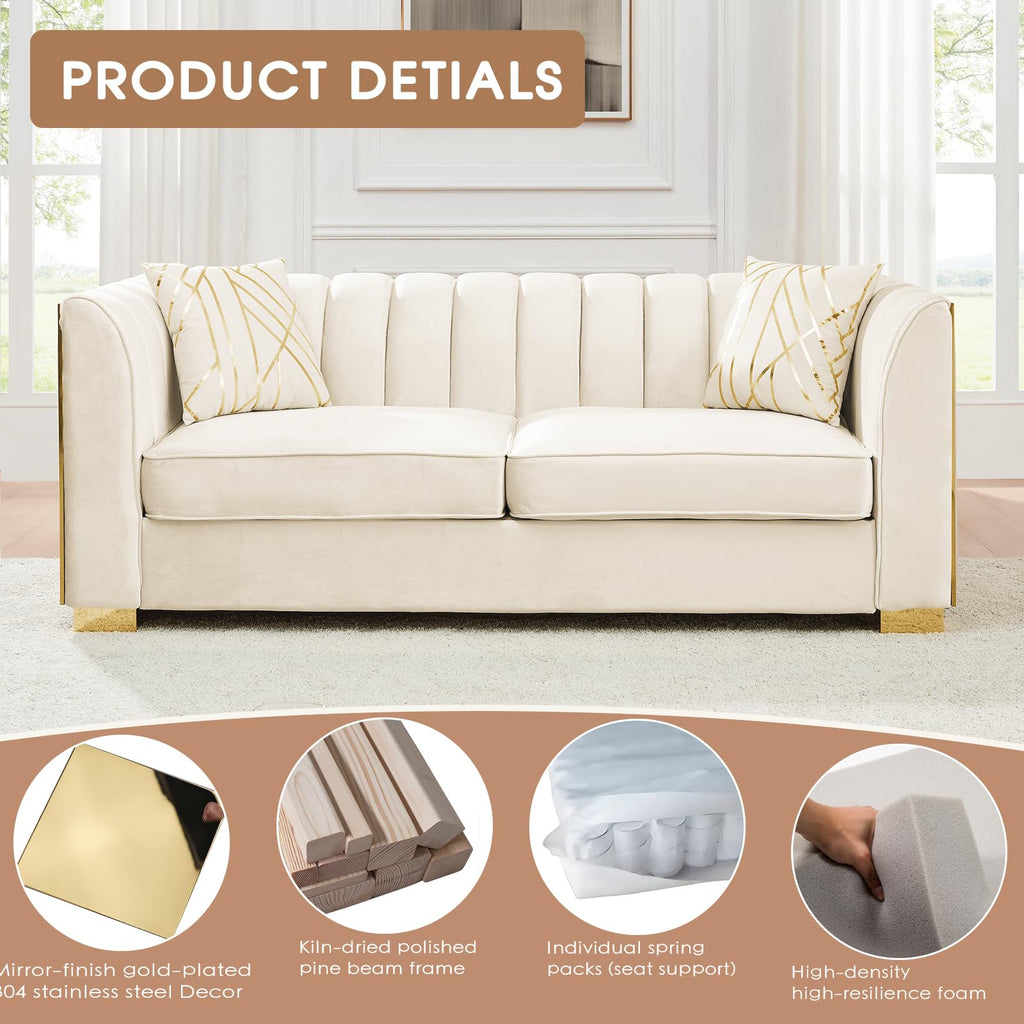 2 Piece Mid Century Modern Chesterfield Sofa Set, Tufted 2 Piece Couch Sets with Gold Stainless Steel Accents Luxury