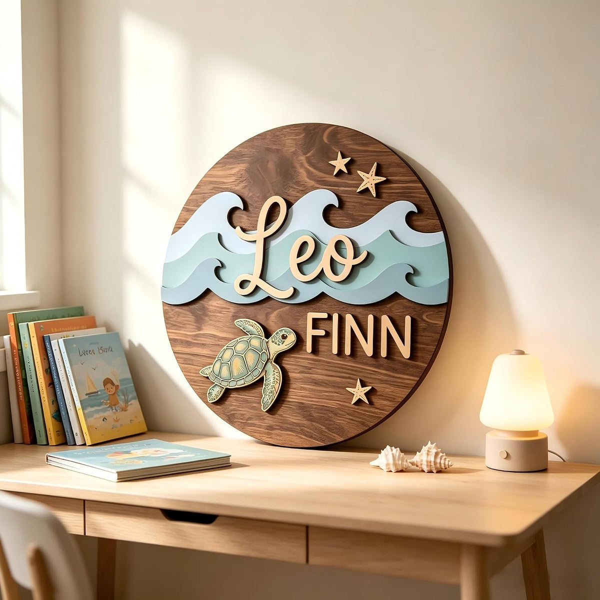 Personalized Name Sign, Custom Wooden Ocean Theme Wall Decor with Turtle Waves and Starfish, Kids Bedroom Door