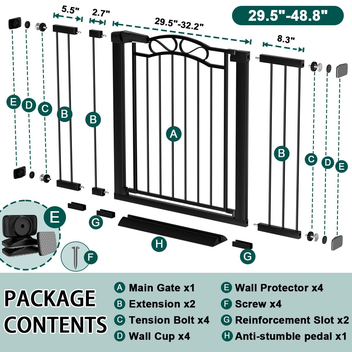 29.5"-48.8" Extra Wide Baby Gate for Stairs, Pressure Mounted Easy Walk Thru Pet Gate, Metal Safety Child Gate No