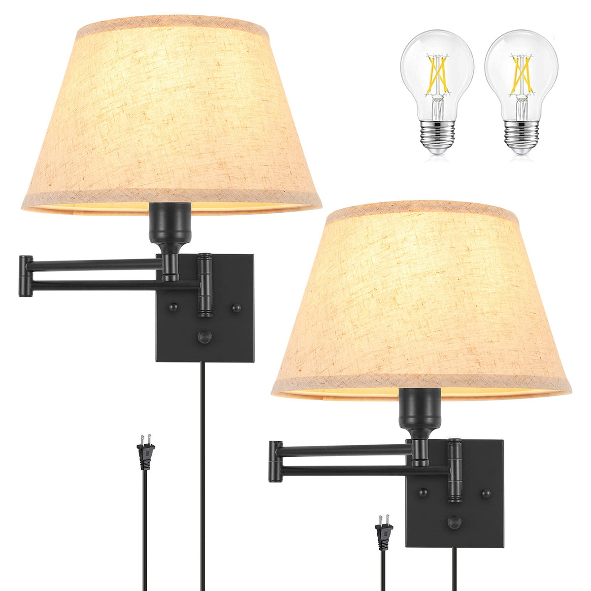 Dimmable Wall Sconce Plug in, Wall Sconces Set of Two Swing Arm Wall Lights with Plug in Cord and On/Off Dimmer