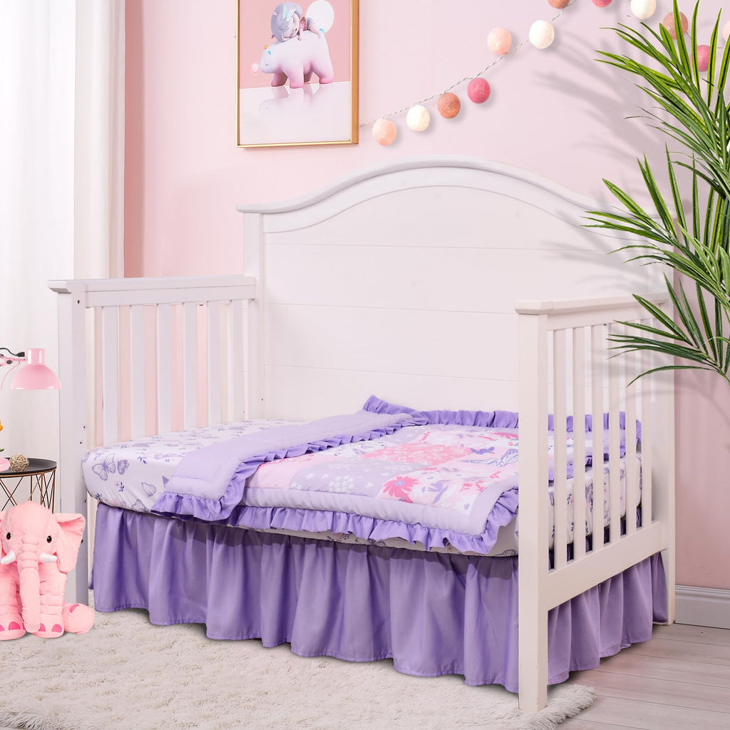 3 Pieces Crib Bedding Set for Girls,Purple Butterfly Baby Crib Set