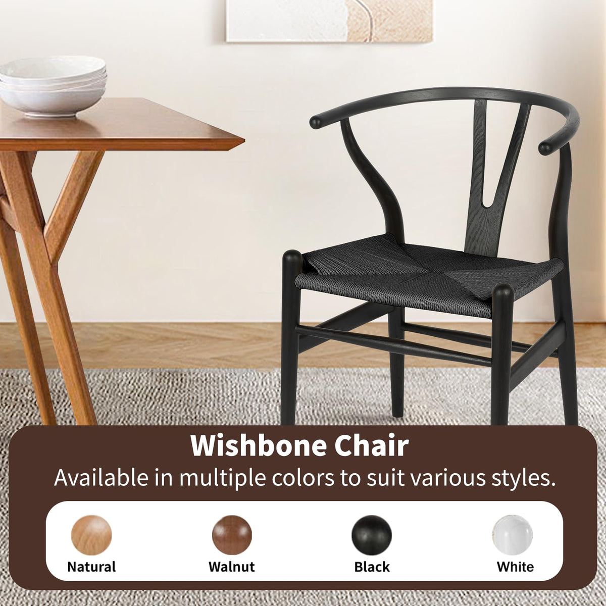 Wishbone Chairs Set of 2, Solid Ash Wood Dining Chairs (Black)