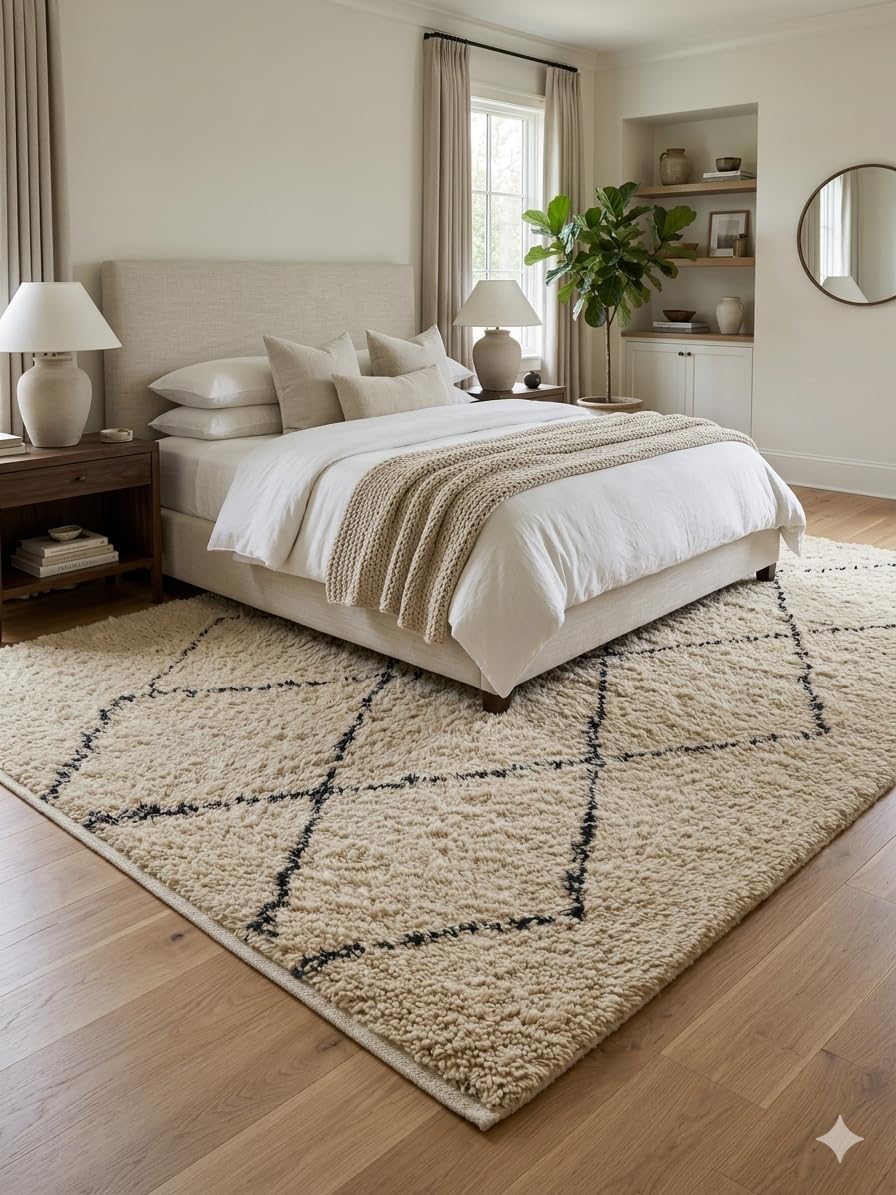 Wool Rug 6' x 9' - Handmade Berber Shag Area Rug, Beni Ourain Style, Ivory/Cream with Charcoal Ladder Diamond Pattern