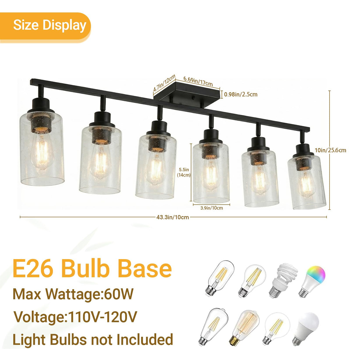 Track Light Fixture, Black Bathroom Lighting Fixture Ceiling with Seeded Glass, Multi-Directional Ceiling