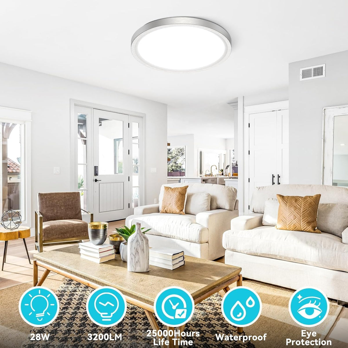 12 inch Flush Mount LED Ceiling Light Fixture, 3000K 4000K 6500K Adjustable, 28W 3200lm Brushed Nickel Satin Round