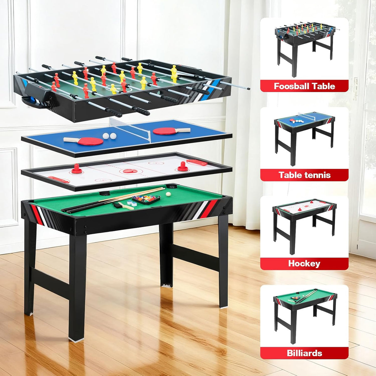 Multi Game Table 4-in-1 Combo Game Table-Foosball Table,Pool Billiards,Air Hockey & Table Tennis,Combination Table