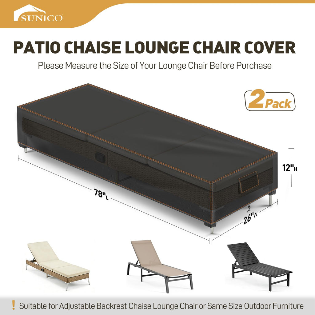 Outdoor Chaise Lounge Cover 2 PCS, 78" L x 26" W x 12" H, Black