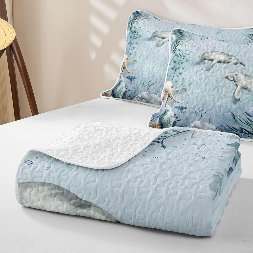 Manatee Quilt Bedding Set Teal Blue Ocean Beach Coastal Quilt Bedding Starfish Octopus Tentacles Bedspread
