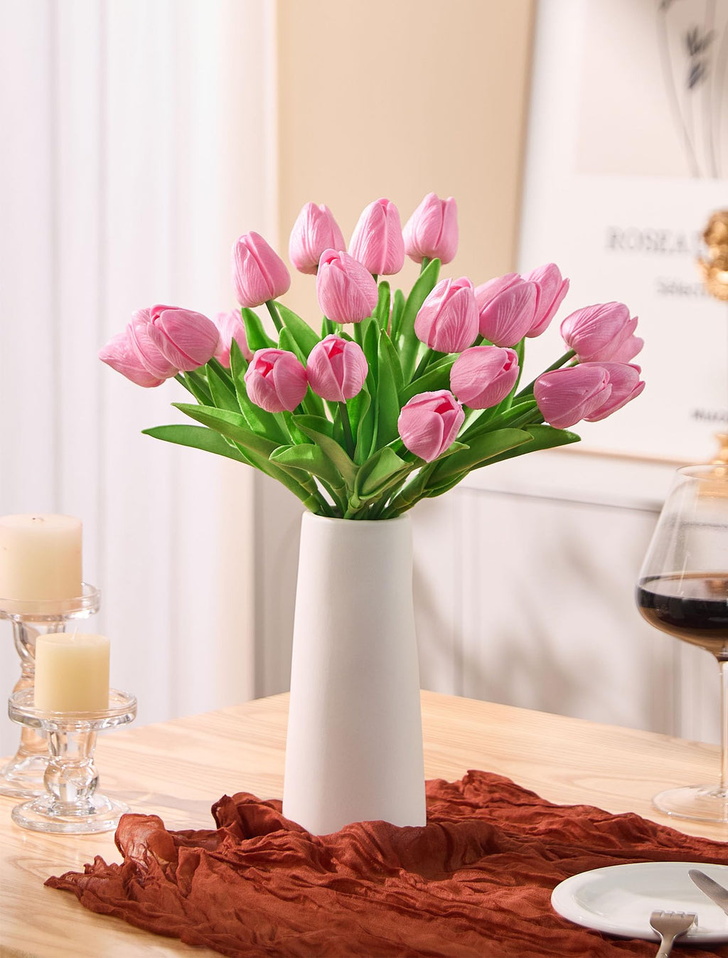 30 Pcs Pink Tulips Artificial Flowers Fake Tulips Fake Tulip Flowers Real Touch 13" Silk Flower for Bulk Home Kitchen