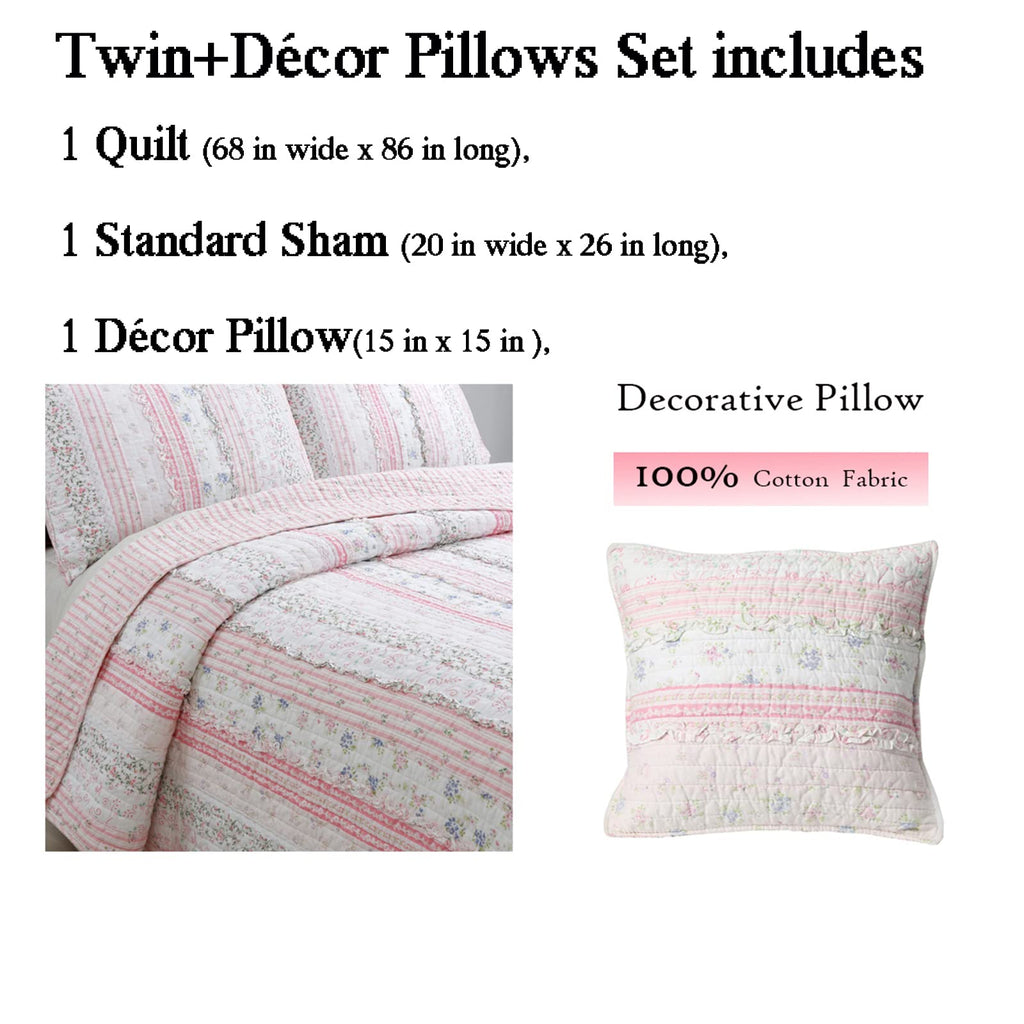 Shabby Chic Pink Flower Lace Ruffle Stripe 100% Cotton Reversible Quilt Bedding Set, Coverlet, Bedspread (Pink