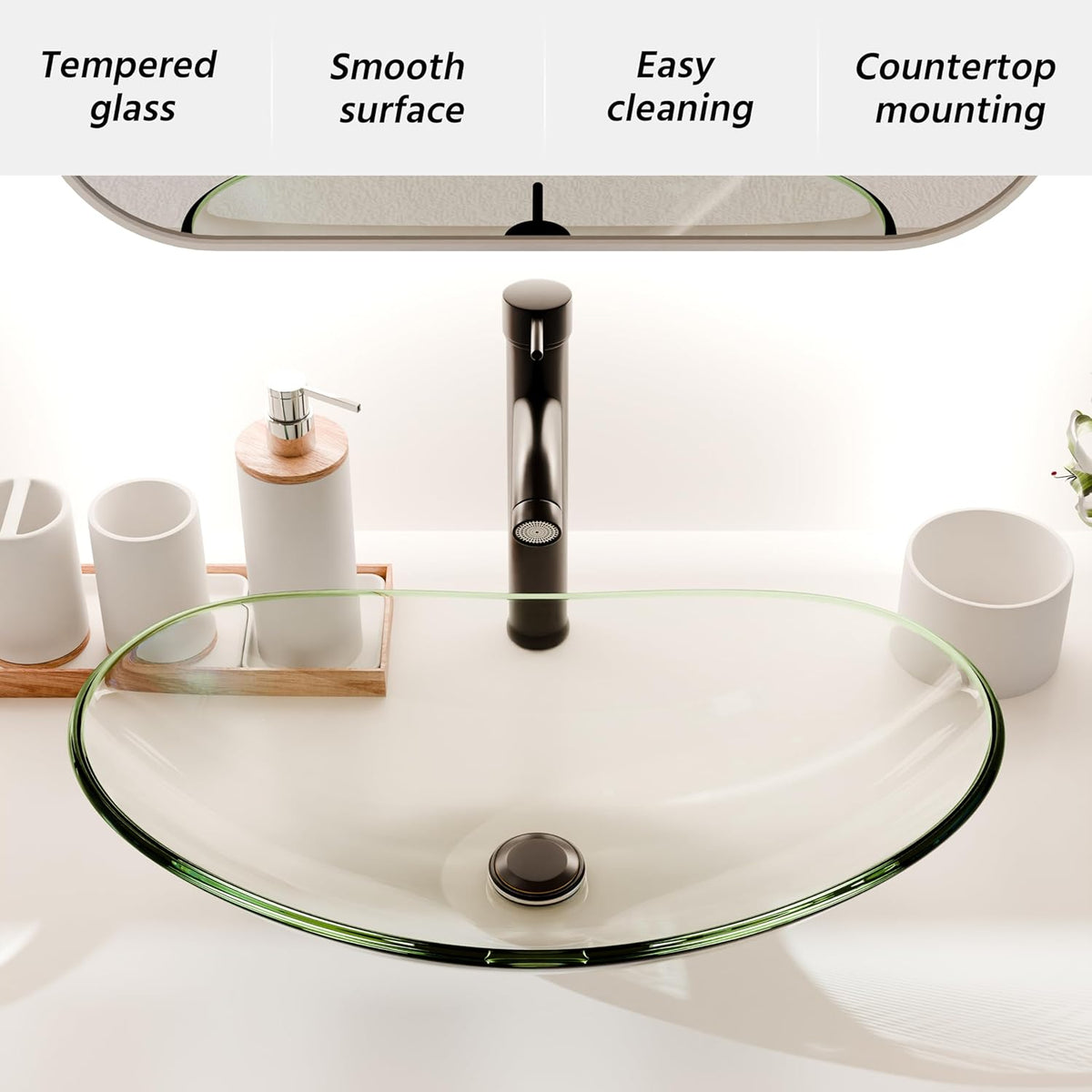 Tempered Glass Vessel Sink Bathroom, 20.8"x13.7" Oval Clear Above Counter Sink Bowl