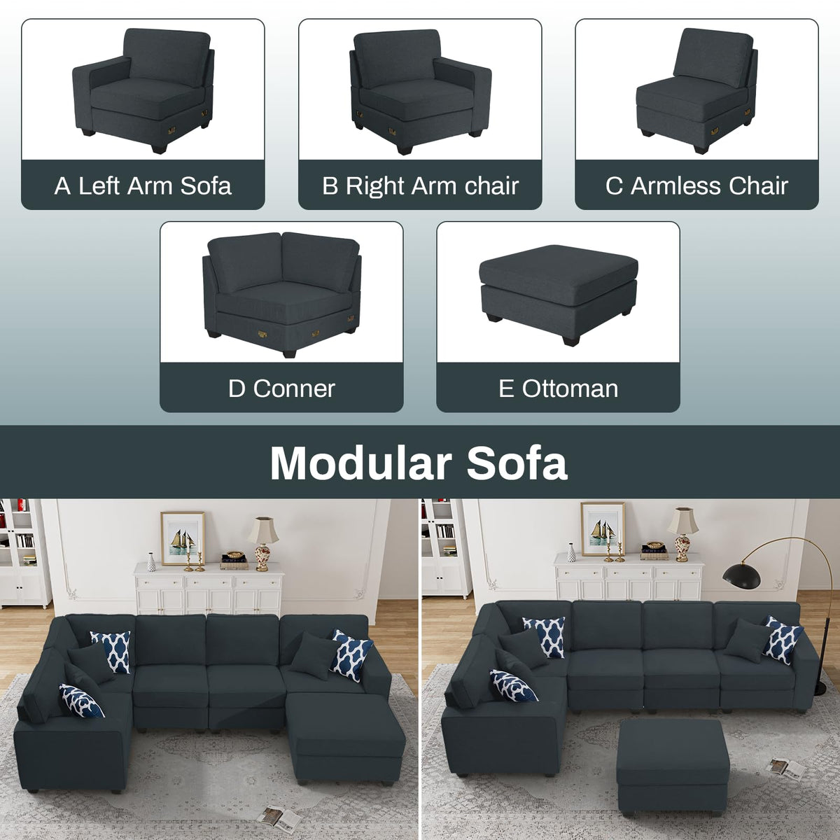 Oversized Modular Sectional Sofa, U/L‐Shaped Reversible Couch with Ottoman, Deep Seat Plush Polyester Sofa
