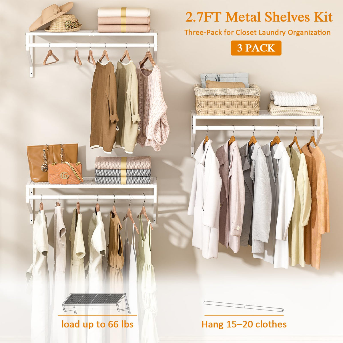 3 Pack Closet Shelves Wall Mounted, 2.7 ft x 11.8in Wire Closet Shelf with Hanging Rod, White Metal Clothes