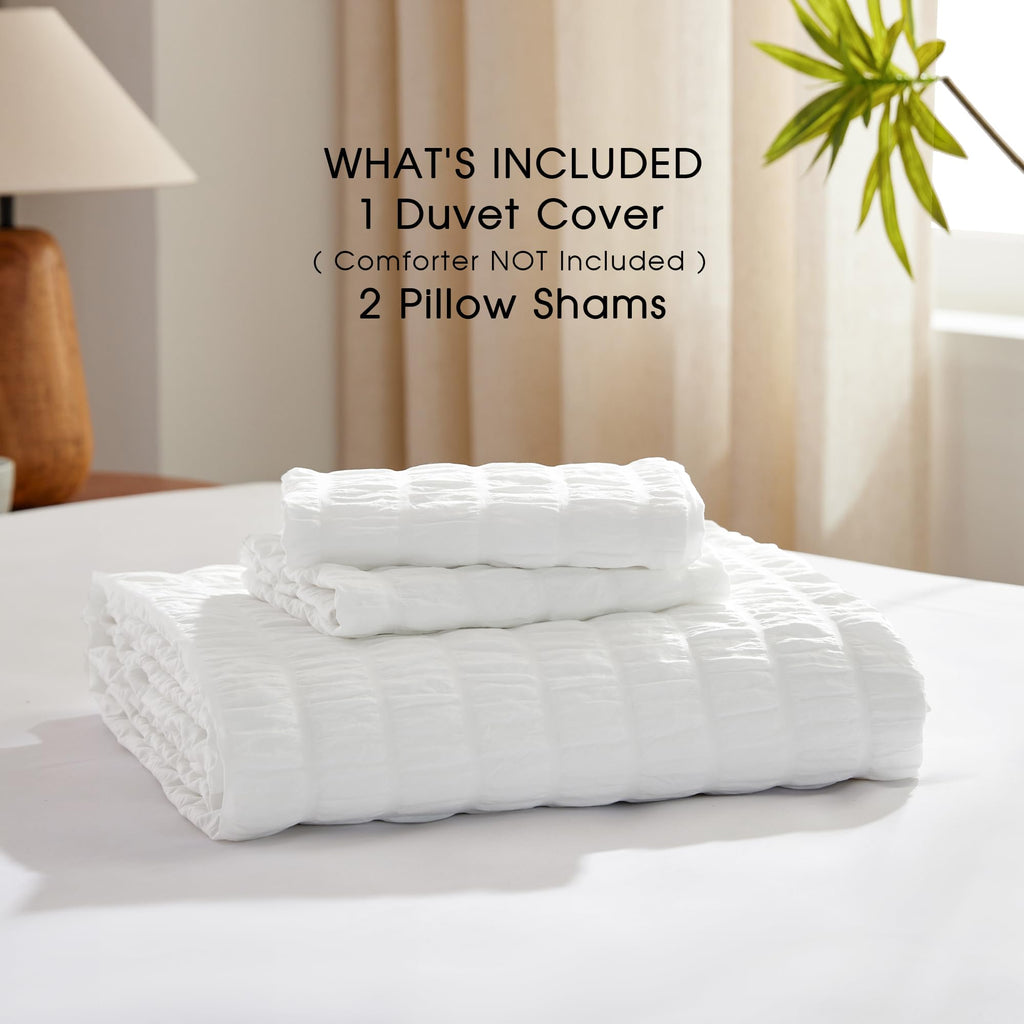 White Duvet Cover, 3-Piece Seersucker Duvet Cover Set, Ultra Soft Microfiber Bedding for All Seasons