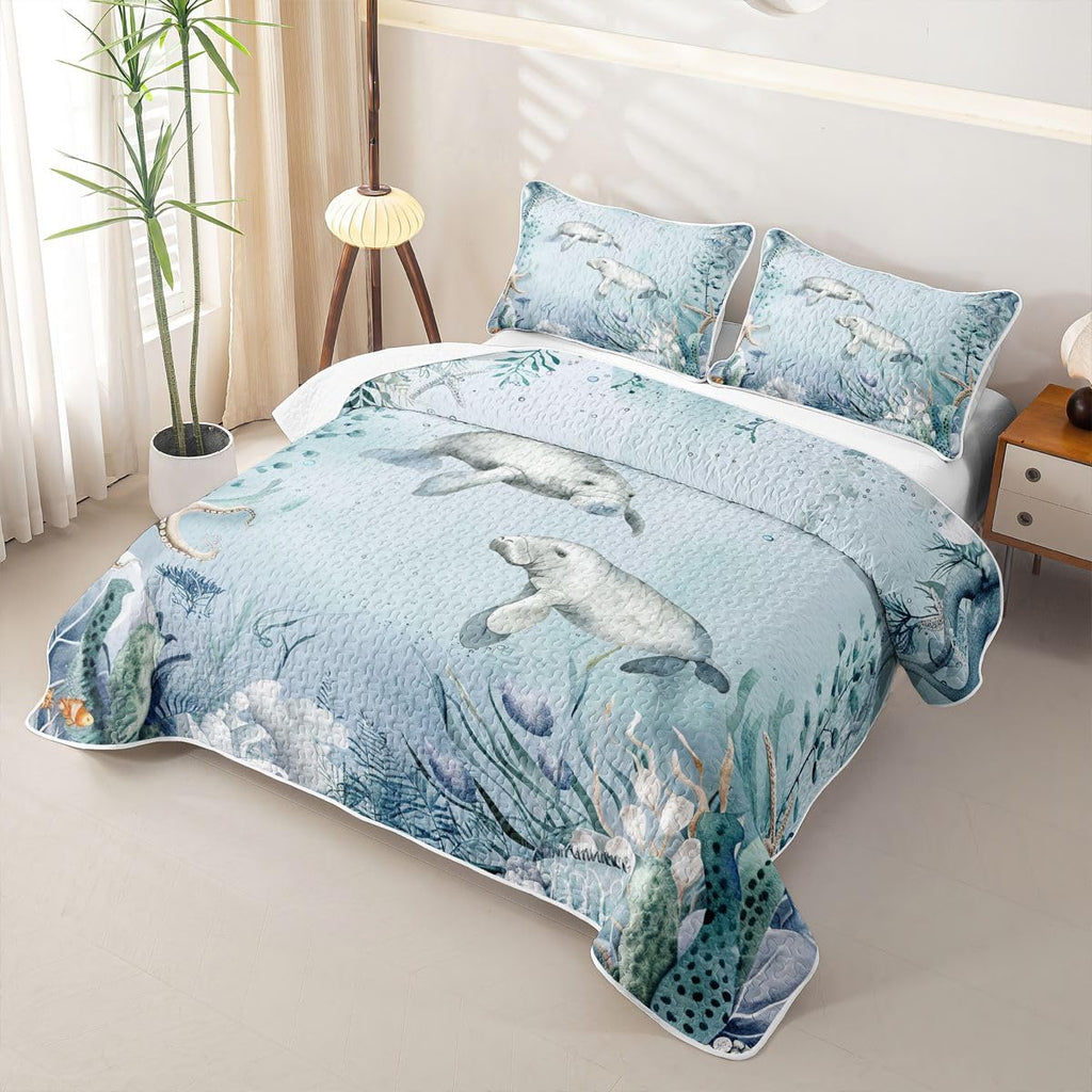 Manatee Quilt Bedding Set Teal Blue Ocean Beach Coastal Quilt Bedding Starfish Octopus Tentacles Bedspread