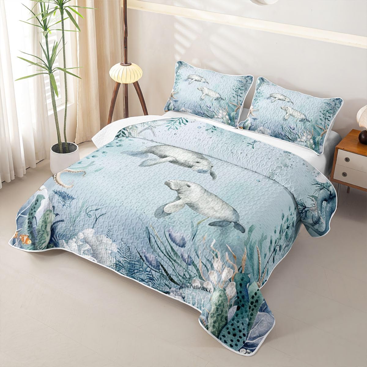 Manatee Quilt Bedding Set Teal Blue Ocean Beach Coastal Quilt Bedding Starfish Octopus Tentacles Bedspread