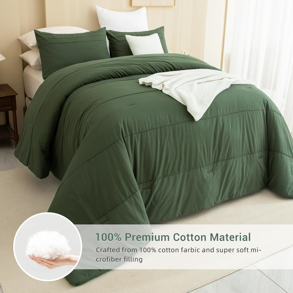 Olive Green Comforter 120"x120", Cotton Pleated Dark Green Bedding Comforter Set, 3 Pieces Lightweight
