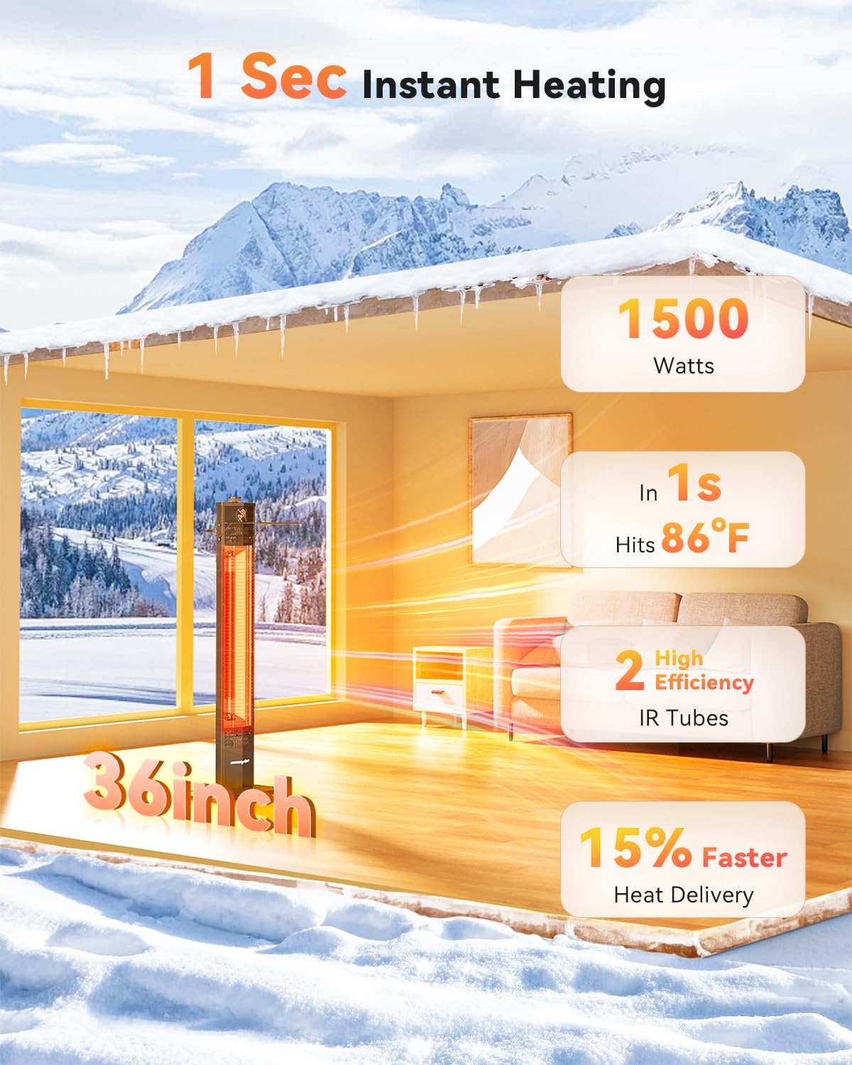 Patio Heater for Outdoor Use, 1500W Infrared, 36 in Portable Tower Heater, 3 Levels, IPX5 Waterproof
