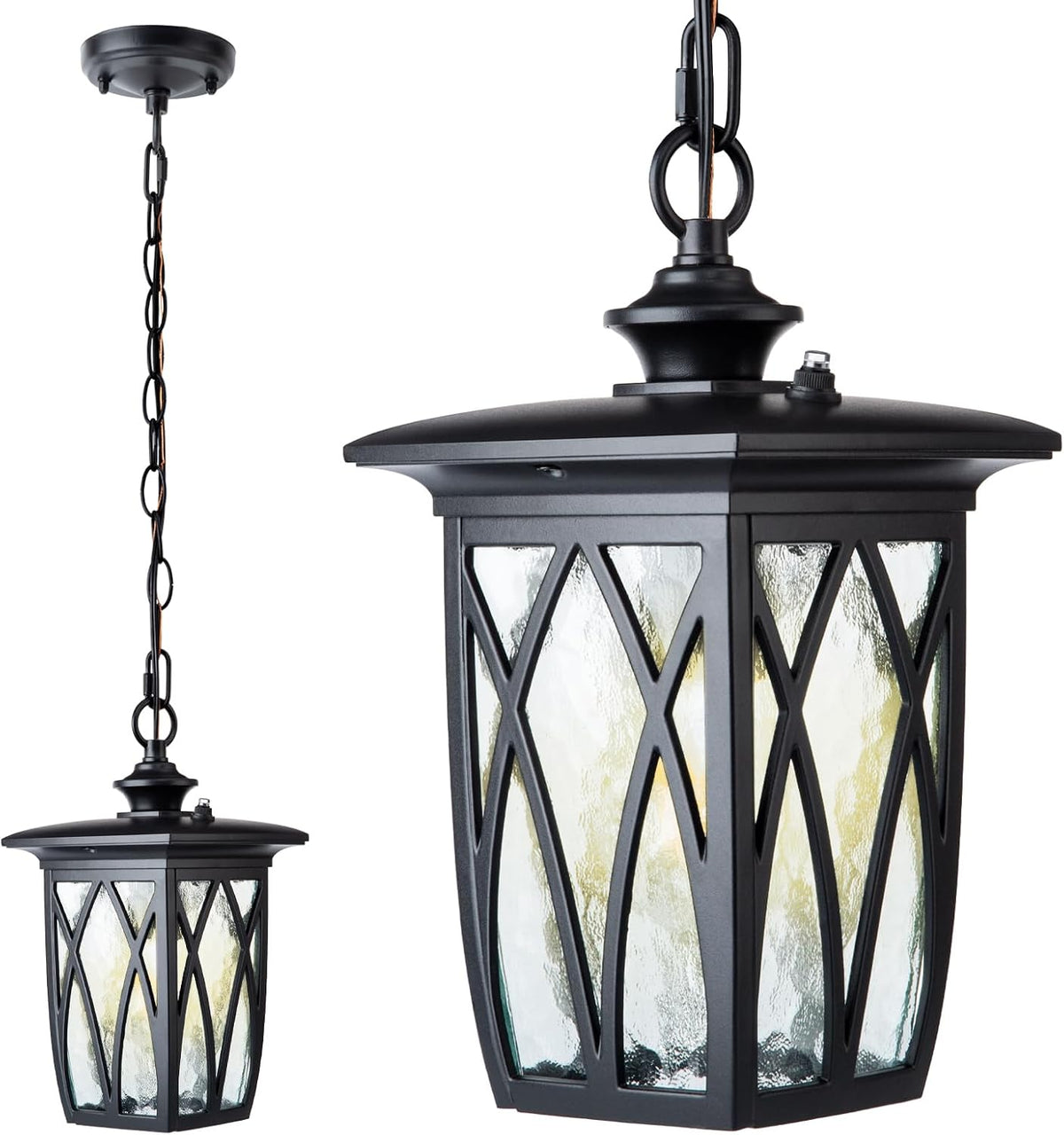 Dusk to Dawn Outdoor Pendant Lantern, 12 Inch Craftsman Style Exterior Hanging Light with Water Ripple Glass