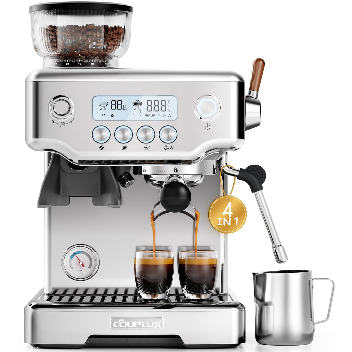 Compact Espresso Machine with Grinder, 5 Temp 205°F Max